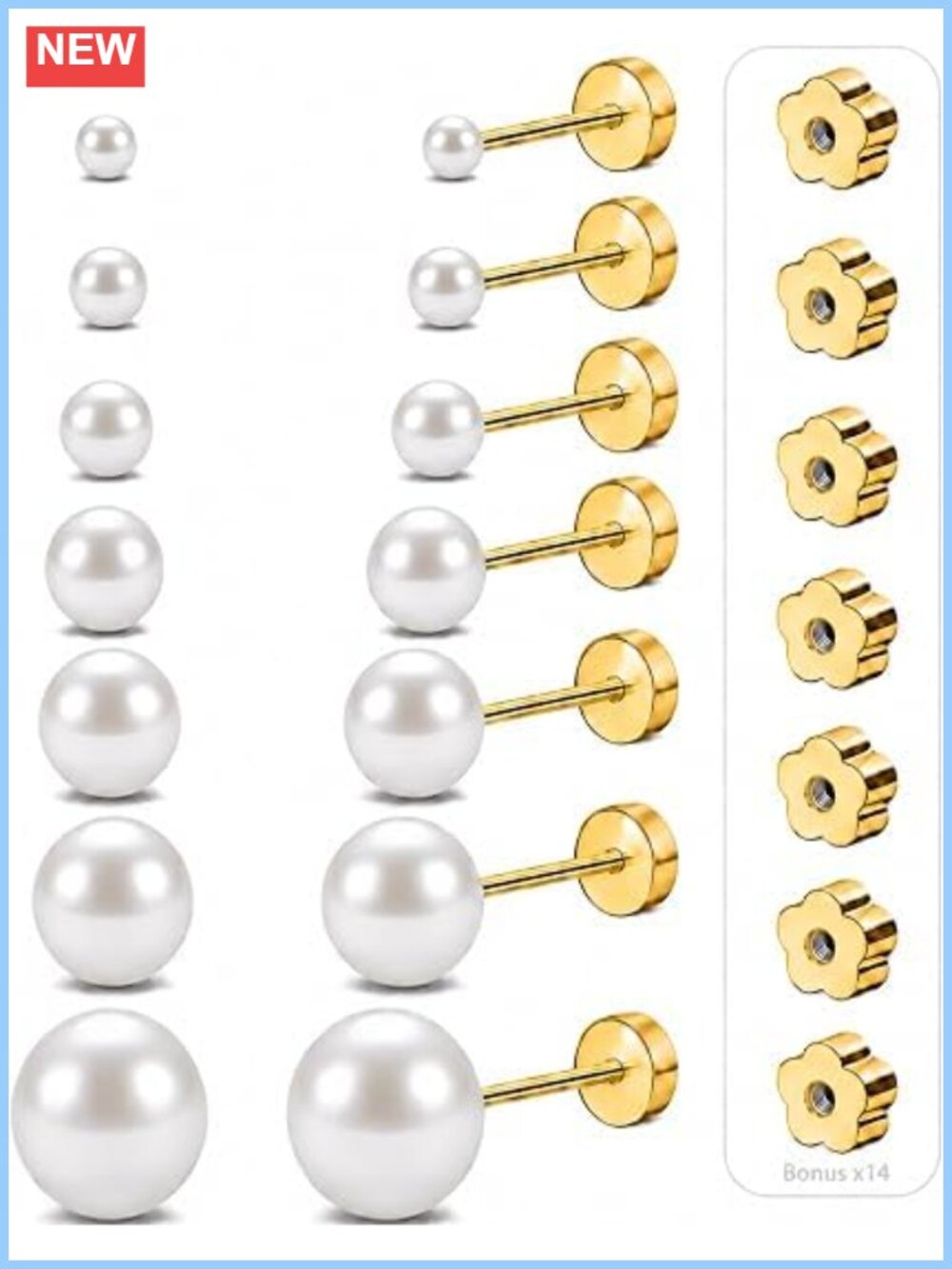 7 Pairs Silver Pearl Stud Earrings Hypoallergenic 316 Stainless Steel Screw Back